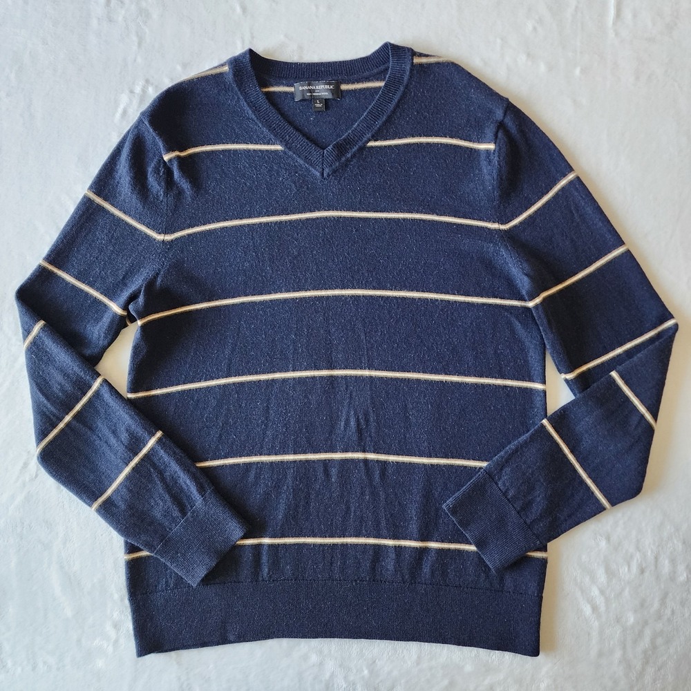 Banana Republic Merino Wool Sweater Mens Large Knit Luxury Preppy Stripe Navy